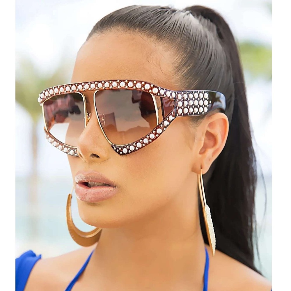 Oversized Pearl Sunglasses Fashion Women Tortoise Frame Brown Lens Luxury Shield